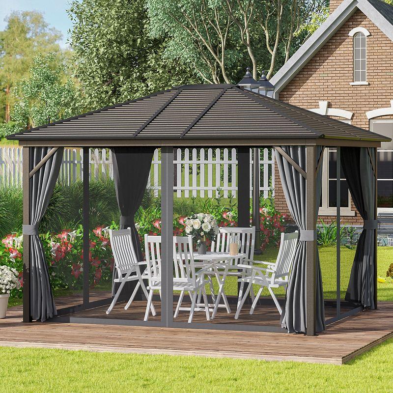 Outsunny 10' x12' Hardtop Gazebo with Aluminum Frame, Permanent Metal Roof Gazebo Canopy with 2 Hooks, Curtains and Netting for Garden