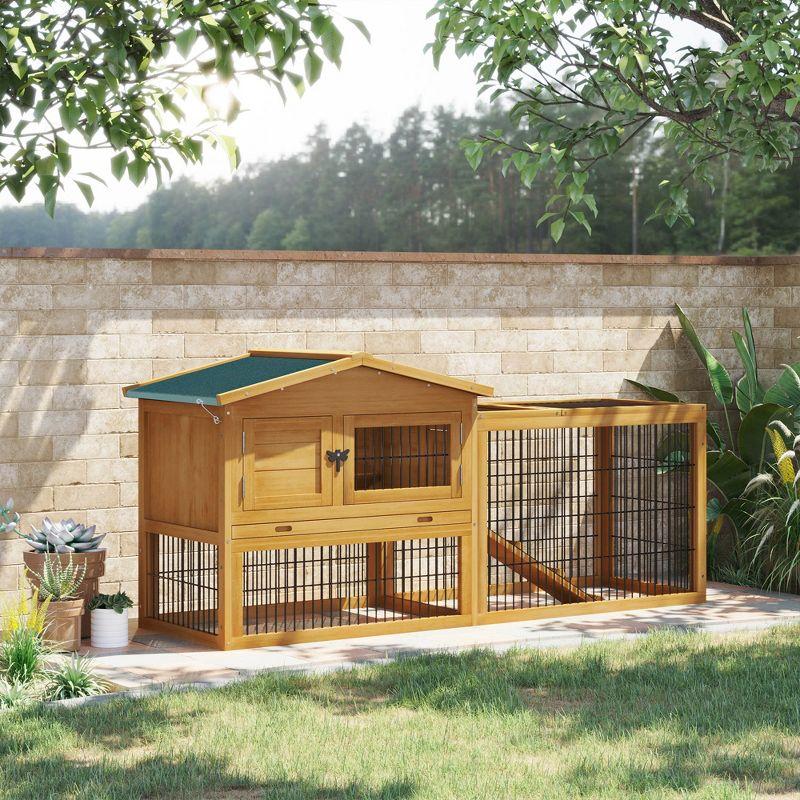 Beige Wooden Guinea Pig Hutch with Ramp and Waterproof Roof