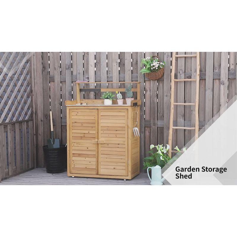 Outsunny Garden Potting Bench Table Wooden Workstation Shed with Tabletop, Hooks, 3-Tier Shelves Cabinet and 2 Magnetic Close Doors