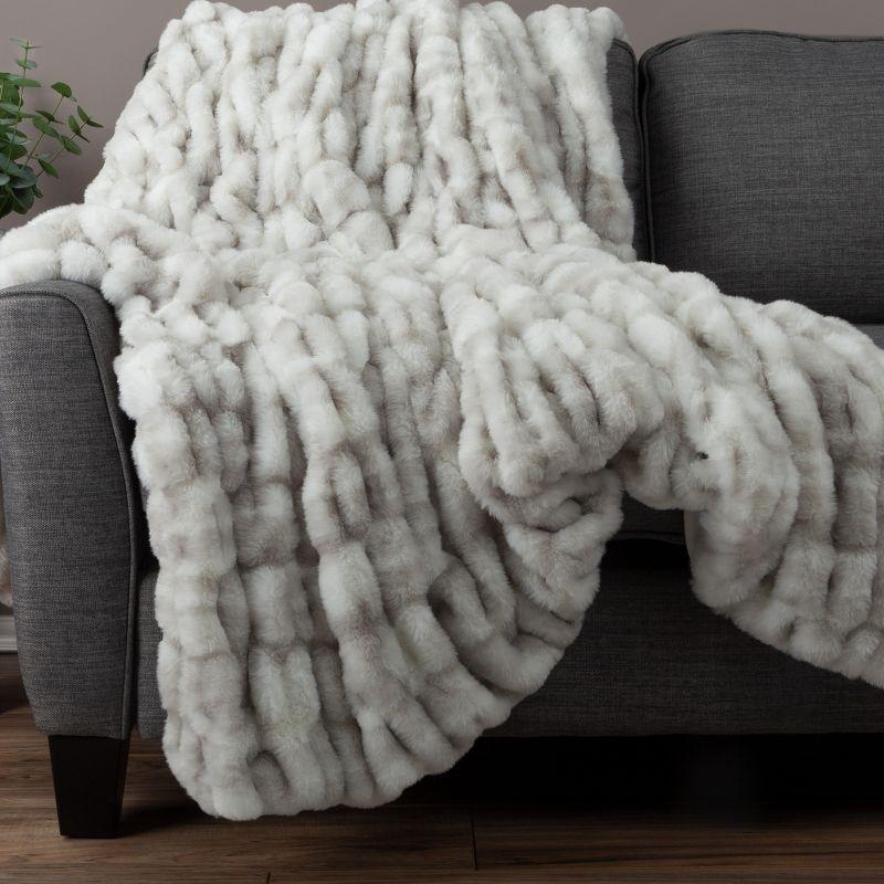 Oversized Ruched Faux Fur Blanket - 60x80-Inch Jacquard Faux Fur Queen-Size Throw for Sofas and Beds - Luxurious Bedding by Lavish Home