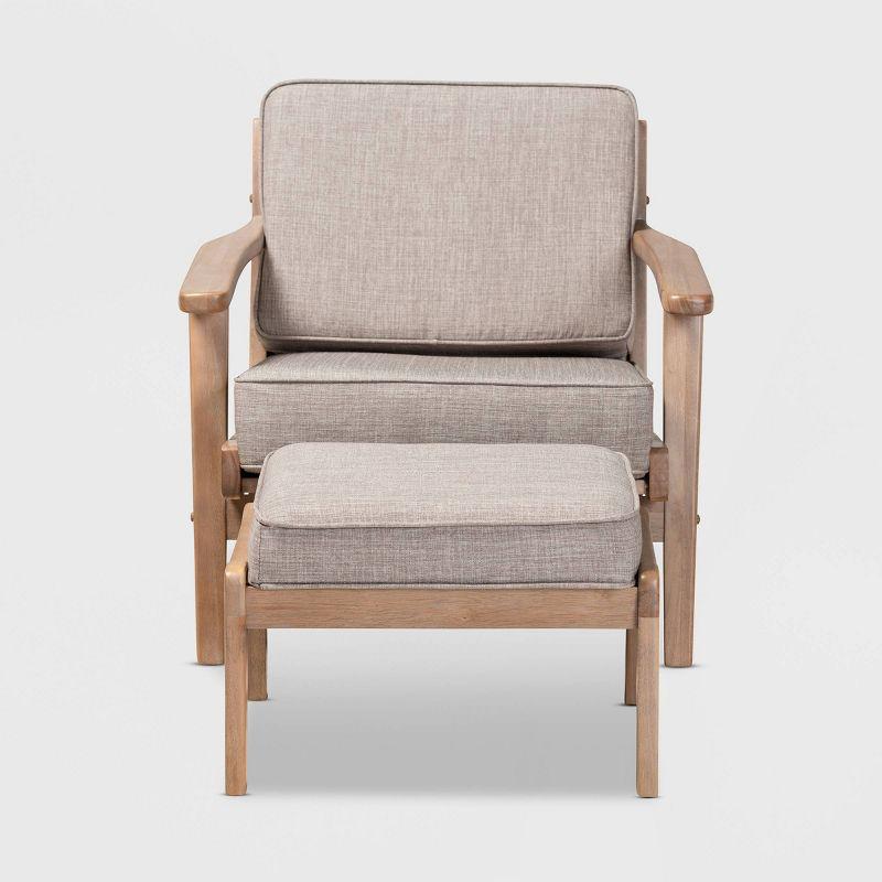 George Oliver Emsworth Mid-Century Modern 2-Piece Antique Oak Finished Armchair and Ottoman Set in Light Grey Fabric