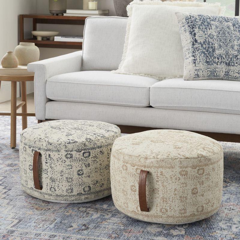 Ivory and Navy Floral Cotton Round Pouf with Faux Leather Handle