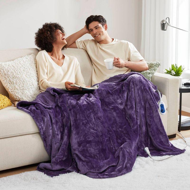 60"x70" Electric Heated Microlight to Berber Throw Blanket Purple: Beautyrest, Lightweight, Machine Washable