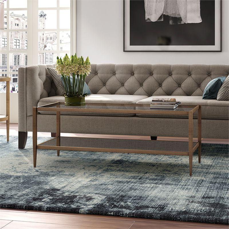 Modern Rectangle Coffee Table in Brass and Gold with Mirrored Shelf - Henn&Hart