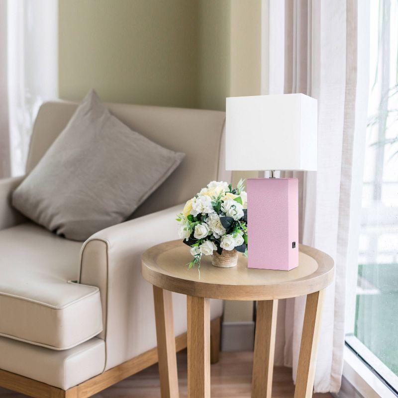 21" Lexington Leather Base Modern Home Decor Bedside Table Lamp with USB Charging Port and Fabric Shade Blush/White - Lalia Home: No Assembly