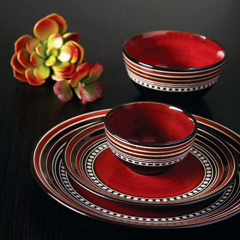 Gibson Home 16pc Stoneware Cafe Versailles Double Bowl Dinnerware Set Red: Geometric Dishware, Microwave & Dishwasher Safe