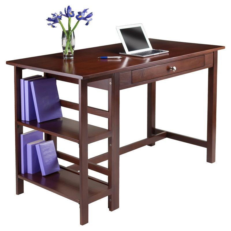 Transitional Walnut Wood Home Office Desk with Drawer and Shelves