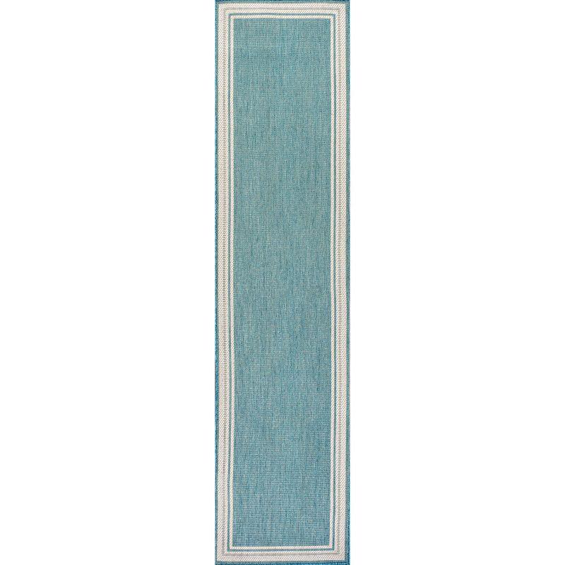 Aqua and Beige Stripe Synthetic Reversible Indoor/Outdoor Rug