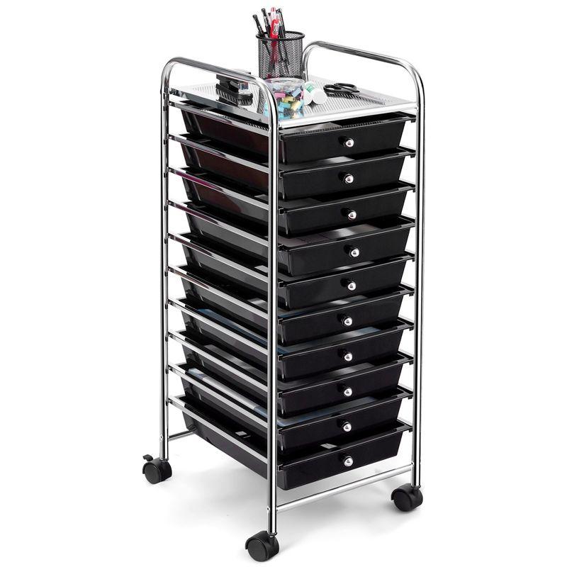 Black 10-Drawer Rolling Storage Cart with Chrome Frame