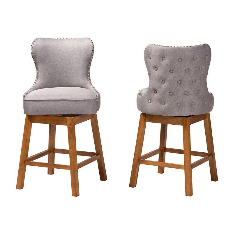 2pc Gradisca Wood Swivel Counter Stool Set Gray/Walnut Brown - Baxton Studio: Upholstered, Button Tufted, Nailhead Trim