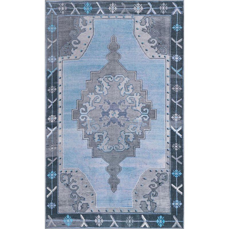 Blue Gray Rectangular Stain-Resistant Chenille Rug