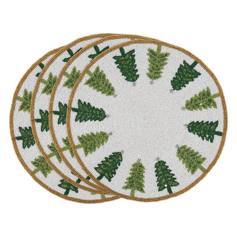 Saro Lifestyle Beaded Christmas Trees Placemat, 15" Round, White/Green (Set of 4)