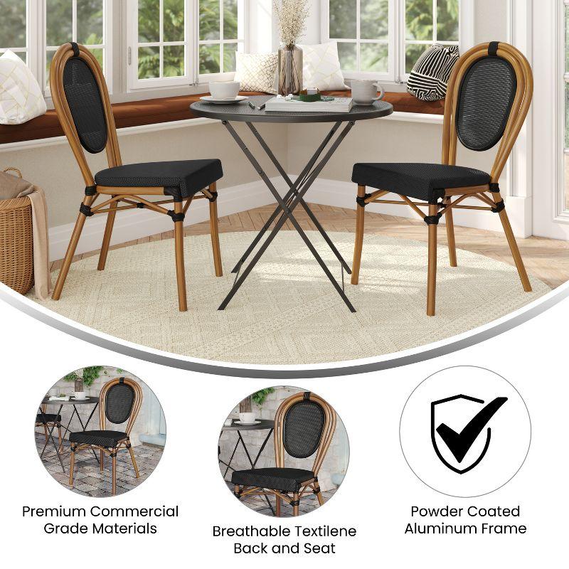 Emma & Oliver Massalia Set of Two Indoor/Outdoor Stacking Thonet Bistro Style Chairs with Black Textilene Seat and Natural Bamboo Finished Metal Frame