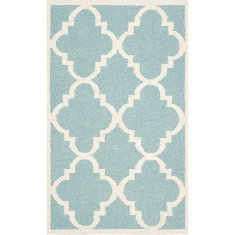 Rodgers Hand Woven Flat Weave Wool/Cotton Geometric Rug in Blue/Ivory