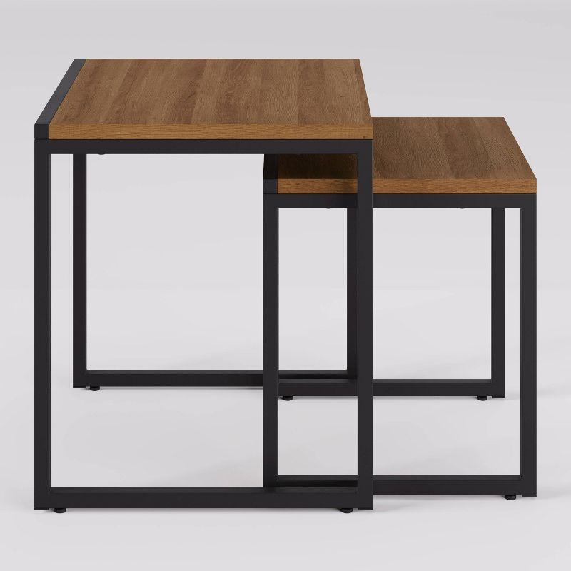 Set of 2 Brown Wood and Black Metal Square Nesting Side Tables