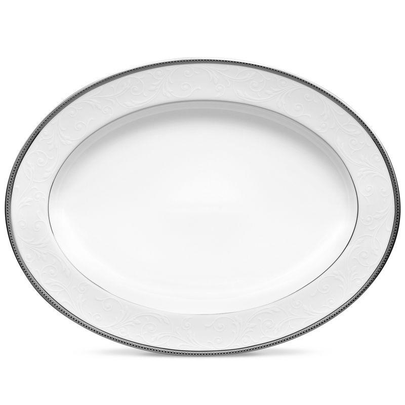 White Ceramic Oval Serving Platter with Platinum Trim