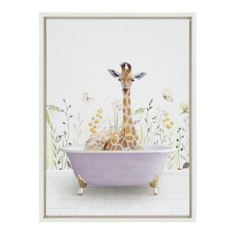 Kate and Laurel Sylvie Giraffe In Spring Bath Framed Canvas by Amy Peterson Art Studio, 18x24, White