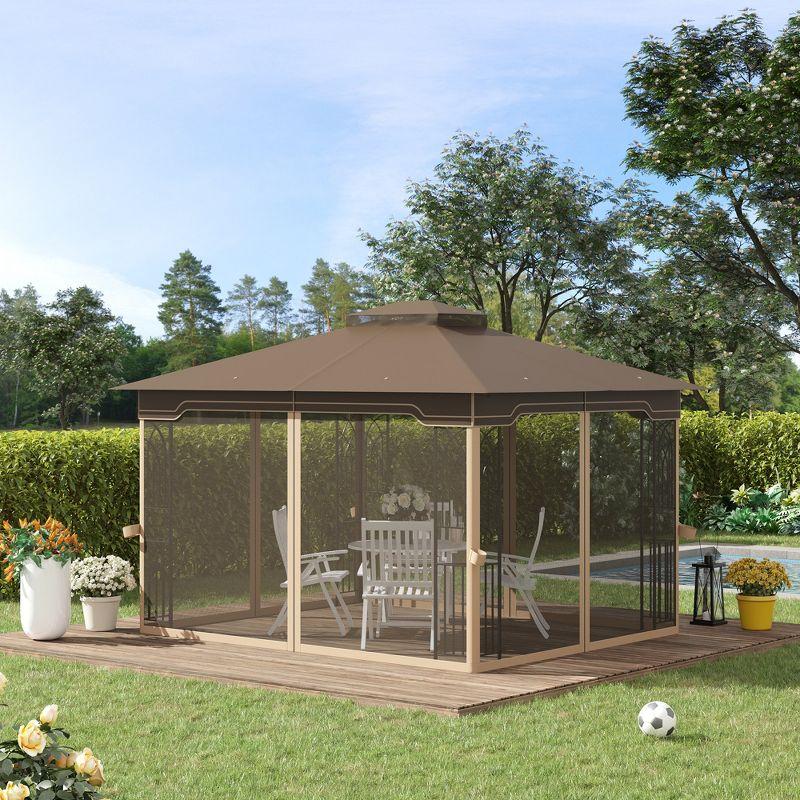 Outsunny 10' x 12' Patio Gazebo Outdoor Canopy Shelter with Double Tier Roof and Netting Sidewalls for Garden, Lawn, Backyard and Deck, Brown