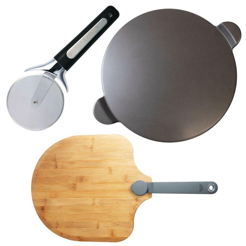 15-inch Round Glazed Pizza Stone with Bamboo Peel and Cutter Set