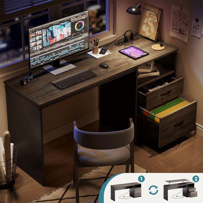 Bestier 60 Inch Home Office Desk with Power OutLets and Lift Top Retro,Reversible Shelf Computer Desk with 1 open shelf and 2 drawers for Home ,Gray
