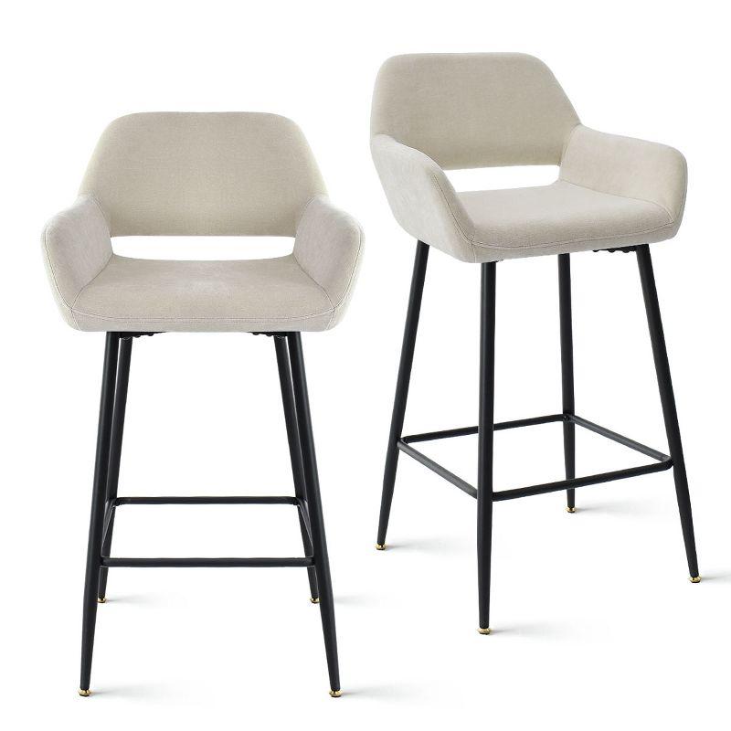 William Beige Velvet Upholstered Counter Height Bar Stools with Metal Legs, Set of 2