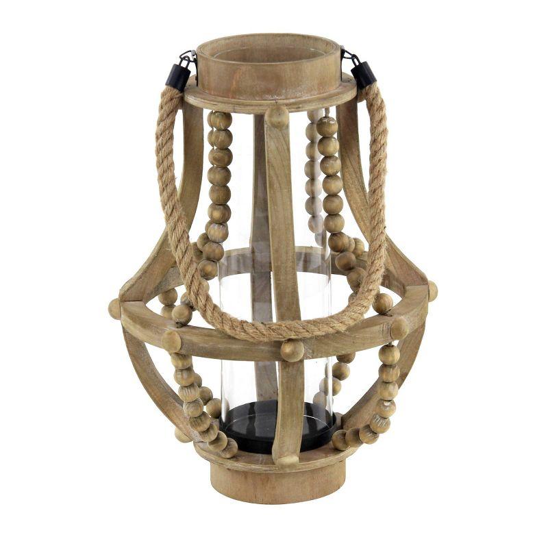 Olivia & May 16" x 10" Rustic Wood/Glass Candle Holder with Rope Handle Beige : Wooden Lantern, Tall Pillar Style