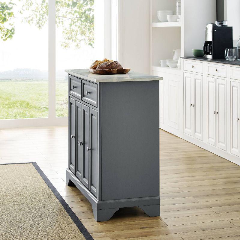 One Allium Way® Kitchen Island With Storage Shelves, Microwave Stand, Coffee Bar, Gray - Birch Veneer, Marble Finish, 2 Drawers & 3 Cabinets, Brushed Nickel Hardware