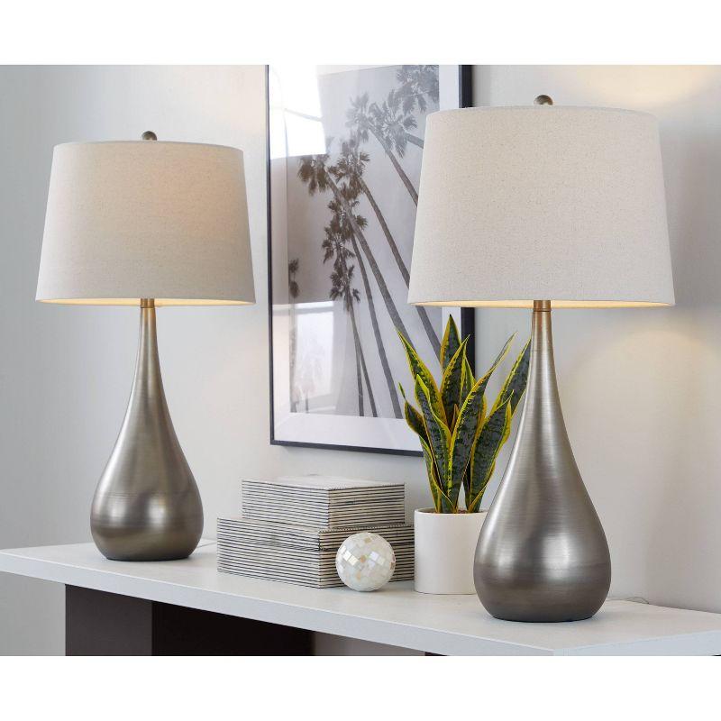 Aged Pewter and Natural Linen Teardrop Table Lamp Set