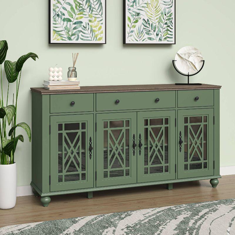 Festivo 63" Green Vintage Style Buffet Sideboard with Glass Doors