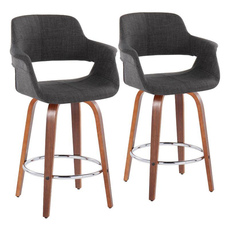 Set of 2 Vintage Flair Counter Height Barstools Walnut/Chrome/Charcoal - LumiSource: Upholstered, Swivel, Wood Legs, 250lb Capacity