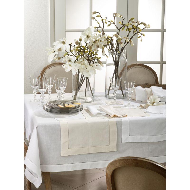Elegant White Linen-Cotton Blend Hemstitched 65"x120" Tablecloth