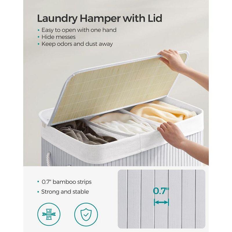 SONGMICS 39.6Gal (150L) Laundry Hamper, 3-Section Laundry Basket, Laundry Hamper with Lid, Bamboo, Foldable, Removable and Machine Washable Liner,Gray