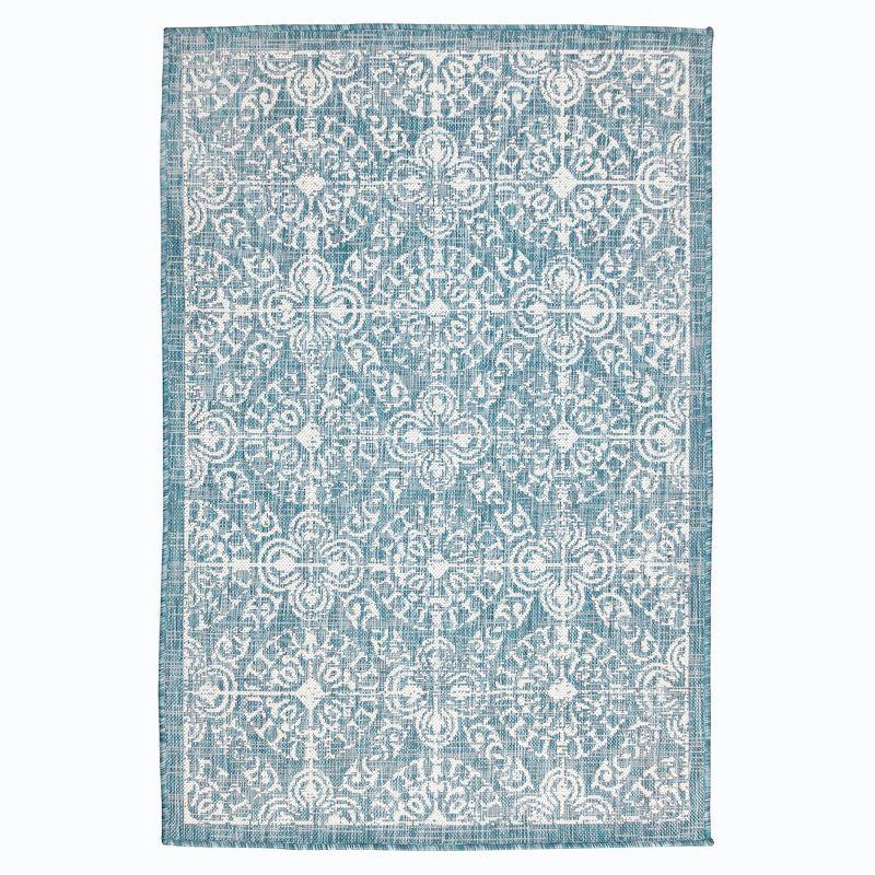 Aqua Antique Tile Medallion Square Outdoor Rug