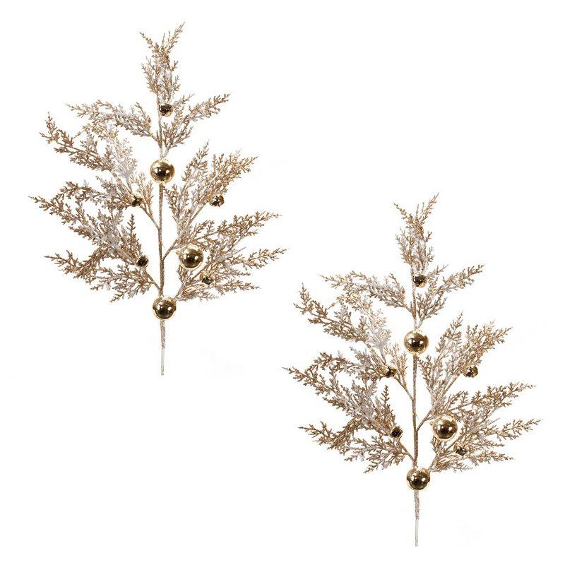 Gold and White Flocked Pine Spray with Sleigh Bells