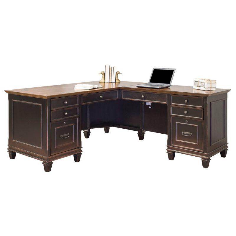 Martin Furniture Hartford L Shaped Pedestal Desk Brown: Executive Office Workstation with Metal Hardware