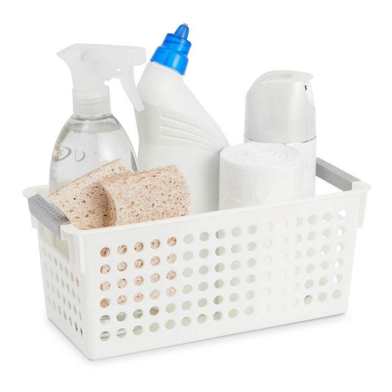 Set of 4 White Plastic Storage Baskets with Gray Handles