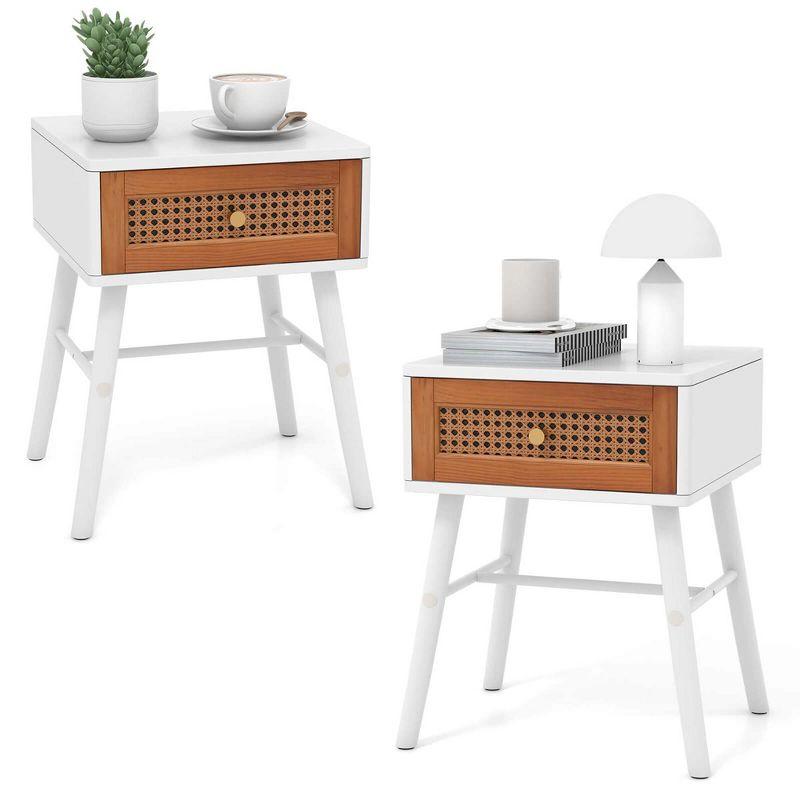 Costway 2 PCS Nightstand with Storage Drawer Rattan Decoration Solid Wood Legs for Bedroom