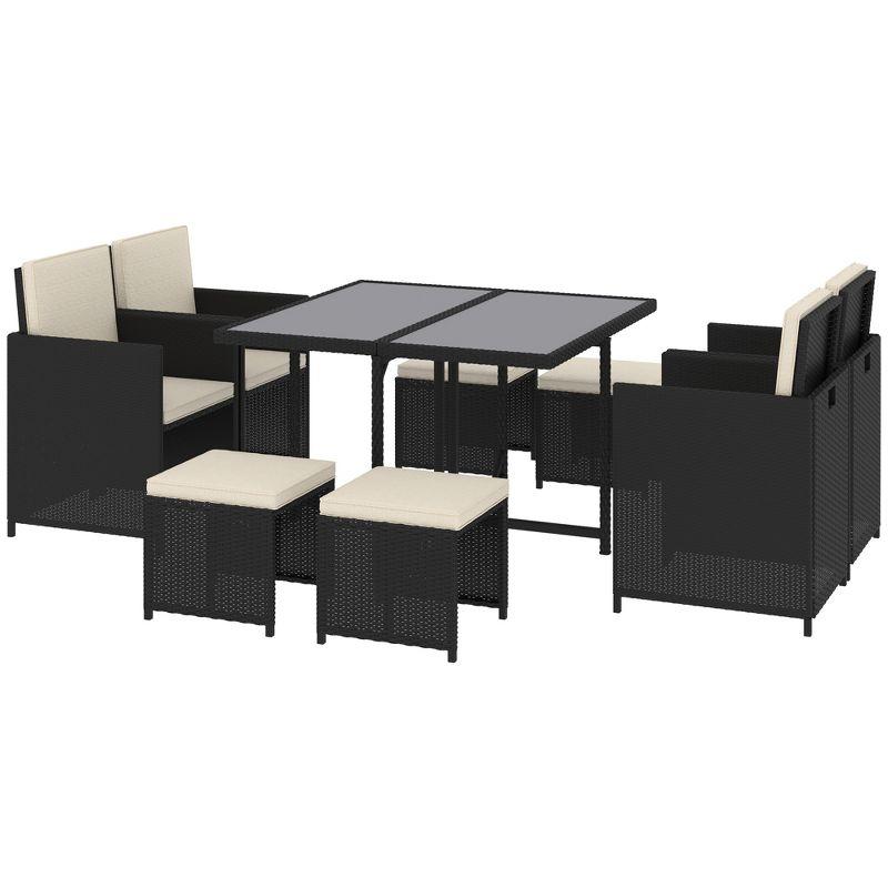 Compact 9-Piece Black Wicker Outdoor Dining Set with Cream Cushions