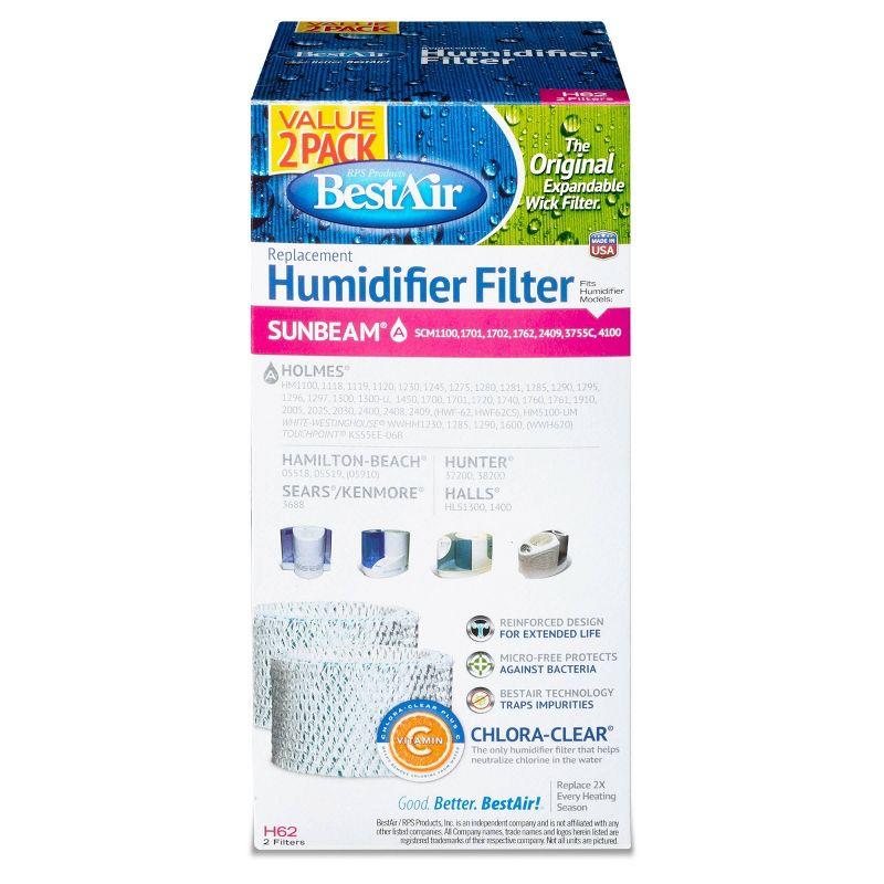 BestAir H62 Value 2pk Extended Life Humidifier Replacement Paper Wick Filter Holmes Humidifiers: Compatible with Most Models