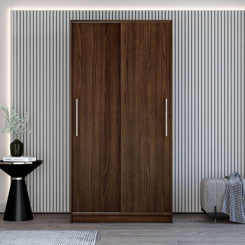 Denmark 2 Sliding Doors Clothing Armoire Dark Brown -Polifurniture: Modern Storage Wardrobe with Fixed Shelves, Aluminum Hardware