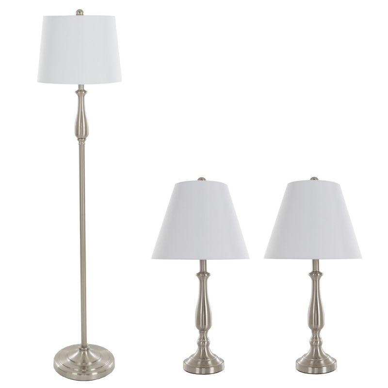 Sleek Brushed Steel 3-Piece Table and Floor Lamp Set, White