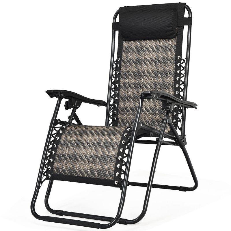 Tangkula Grey Folding Recliner 2PCS Patio Rattan Zero Gravity Lounge Chair With Headrest