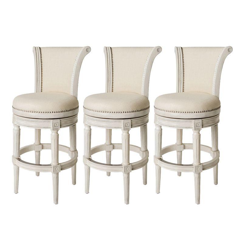 Maven Lane Pullman 31 Inch Tall Bar Height Upholstered Barstool with Back in White Oak Finish with Natural Color Fabric Cushion Seat, Set of 3