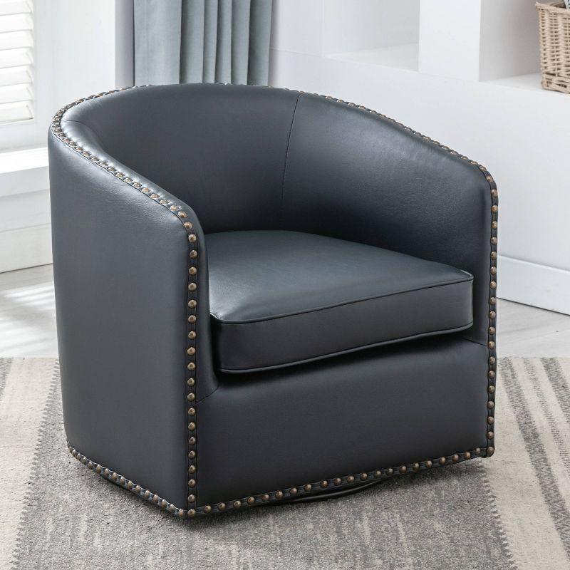 Midnight Blue Faux Leather Transitional Barrel Swivel Accent Chair