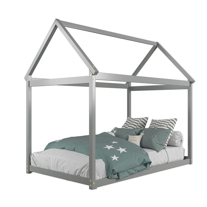 Gray Twin House Bed with Wood Frame and Roof