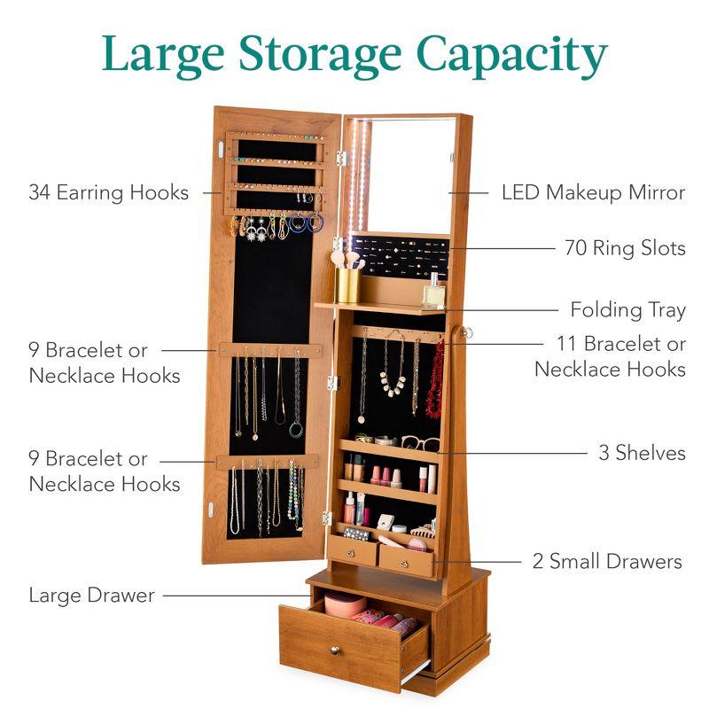 Best Choice Products 360 Swivel Standing Mirrored Jewelry Cabinet, LED-Lit Makeup Organizer w/ Mirror - Rustic Brown