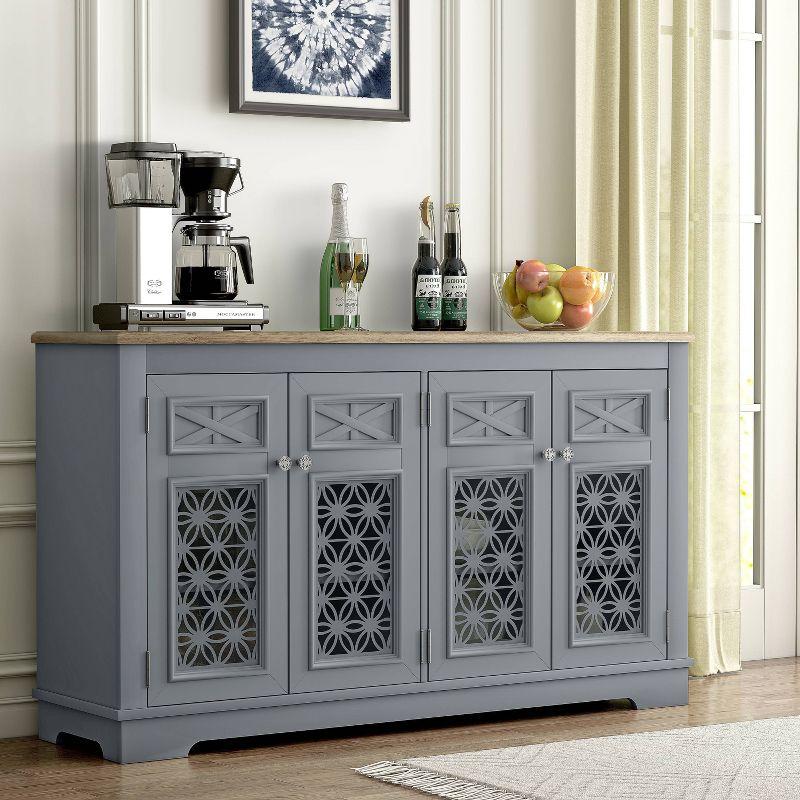 Vintage Gray Wood Buffet Sideboard with Glass Doors and Adjustable Shelves