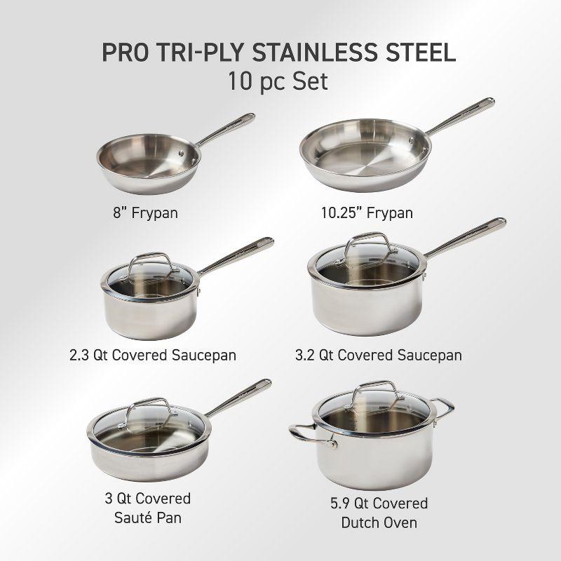 T-fal Pro Tri-Ply Stainless Steel, 10 Piece Cookware Set, Silver