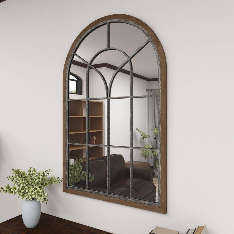 Glass Window Pane Inspired Wood Wall Mirror with Arched Top Brown - Olivia & May: Distressed Whitewash Finish, No Assembly Required