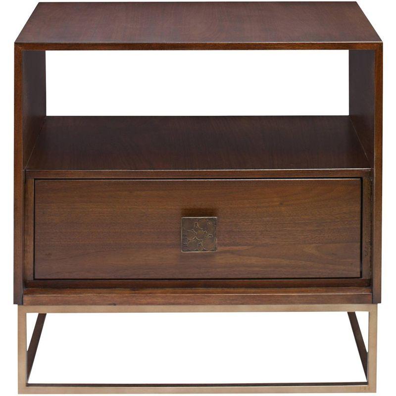 Walnut and Brass Rectangular Side Table with Storage